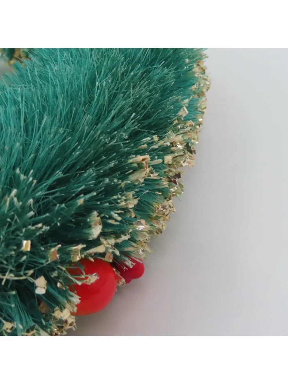 VTG Green Bottle Brush Wreath 12in Gold Flocked Multicolor Fruit Pinecone Retro